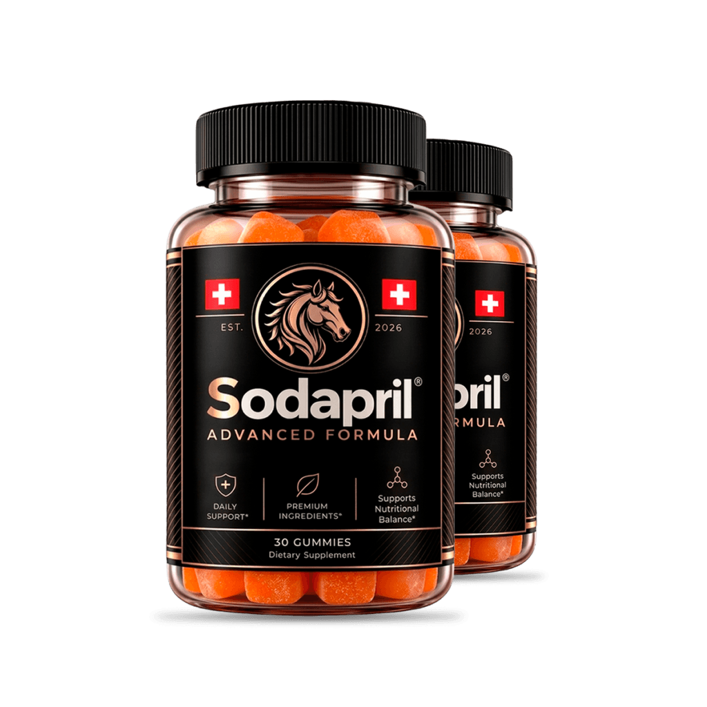 Single amber supplement bottle with matte black label and copper horse-head crest, orange-red gummy 